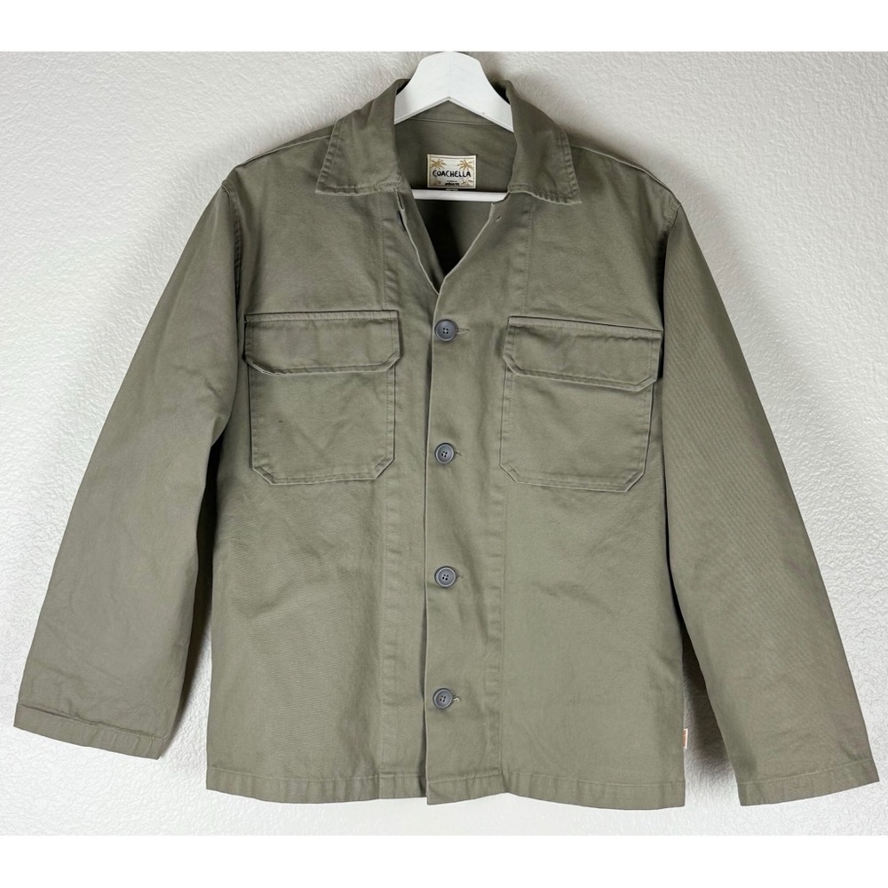 Coachella Army Green Heavy Weight Button Up Graphic Palm Trees Jacket size Small - Picture 6 of 12